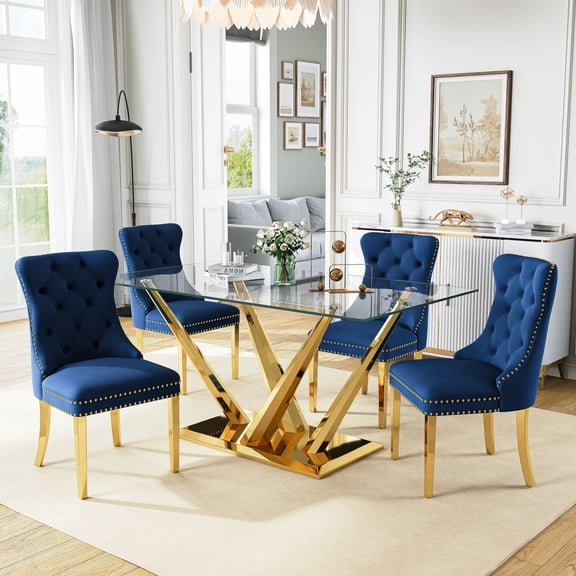 63”Glass Dining Table Set for 4,Modern Rectangle Dining Table with 4 Contemporary Velvet Upholstered Dining Chair with Stainless Steel Leg for Kitchen,Dining Room,Office,Small Spaces,Blue