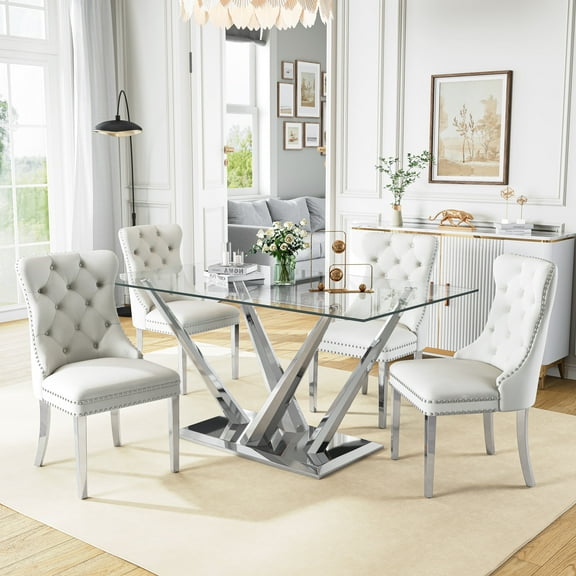 63”Glass Dining Table Set for 4,Modern Rectangle Dining Table with 4 Contemporary Velvet Upholstered Dining Chair with Stainless Steel Leg for Kitchen,Dining Room,Office,Small Spaces,White