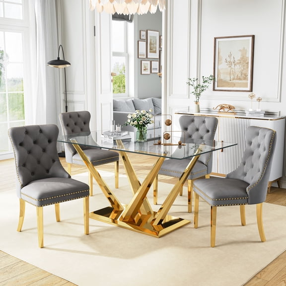 63”Glass Dining Table Set for 4,Modern Rectangle Dining Table with 4 Contemporary Velvet Upholstered Dining Chair with Stainless Steel Leg for Kitchen,Dining Room,Office,Small Spaces,Gray