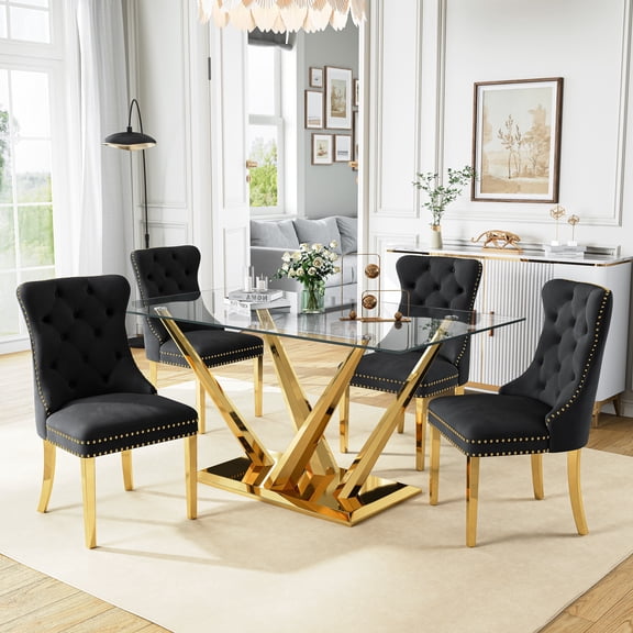 63”Glass Dining Table Set for 4,Modern Rectangle Dining Table with 4 Contemporary Velvet Upholstered Dining Chair with Stainless Steel Leg for Kitchen,Dining Room,Office,Small Spaces,Black