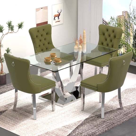 Sumdeal 5-Piece Dining Set, 63 in Glass Dining Table with 4 Green Velvet Chairs, Silver Legs, Style 1