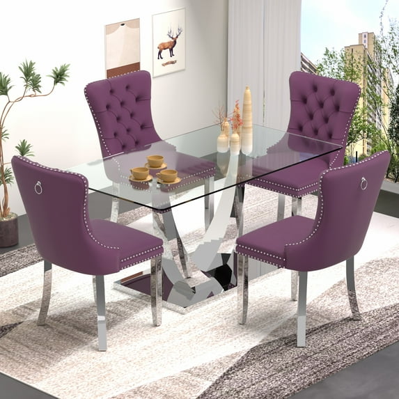 63" Glass Dining Table Set for 4,Silver Dining Room Table Set for 4,Modern Kitchen Table and High-end Tufted Solid Wood Contemporary Velvet Upholstered Dining Chair for 4,Purple with Silver Leg
