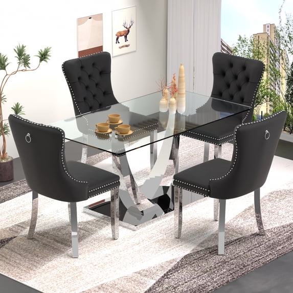 63" Glass Dining Table Set for 4,Silver Dining Room Table Set for 4,Modern Kitchen Table and High-end Tufted Solid Wood Contemporary Velvet Upholstered Dining Chair for 4,Black with Silver Leg