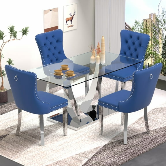 63" Glass Dining Table Set for 4,Silver Dining Room Table Set for 4,Modern Kitchen Table and High-end Tufted Solid Wood Contemporary Velvet Upholstered Dining Chair for 4,Blue with Silver Leg
