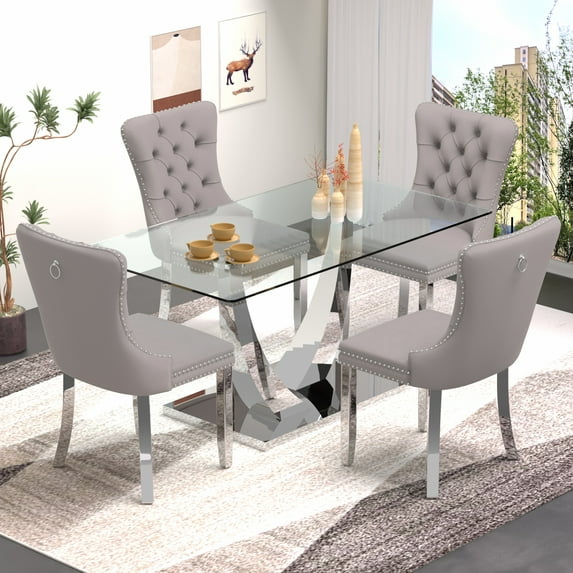 63" Glass Dining Table Set for 4,Silver Dining Room Table Set for 4,Modern Kitchen Table and High-end Tufted Solid Wood Contemporary Velvet Upholstered Dining Chair for 4,Gray with Silver Leg