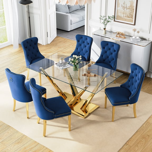63”Glass Dining Table Set for 6,Modern Rectangle Dining Table with 6 Contemporary Velvet Upholstered Dining Chair with Stainless Steel Leg for Kitchen,Dining Room,Office,Small Spaces,Blue