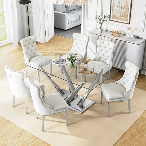 63”Glass Dining Table Set for 6,Modern Rectangle Dining Table with 6 Contemporary Velvet Upholstered Dining Chair with Stainless Steel Leg for Kitchen,Dining Room,Office,Small Spaces,White