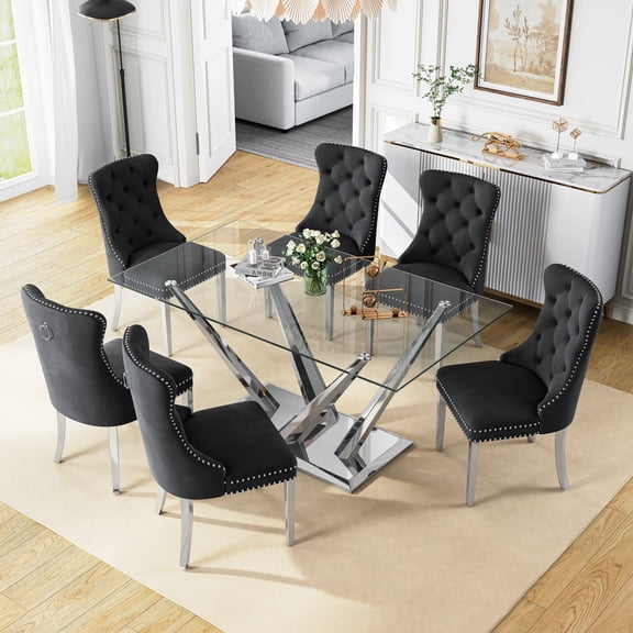 63”Glass Dining Table Set for 6,Modern Rectangle Dining Table with 6 Contemporary Velvet Upholstered Dining Chair with Stainless Steel Leg for Kitchen,Dining Room,Office,Small Spaces,Black