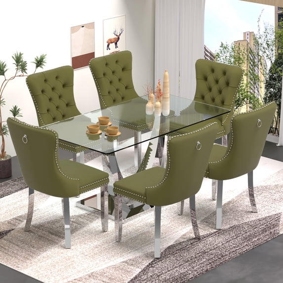 Sumdeal 7-Piece Dining Set, 63 in Glass Dining Table with 6 Green Velvet Chairs, Silver Legs, Style 1