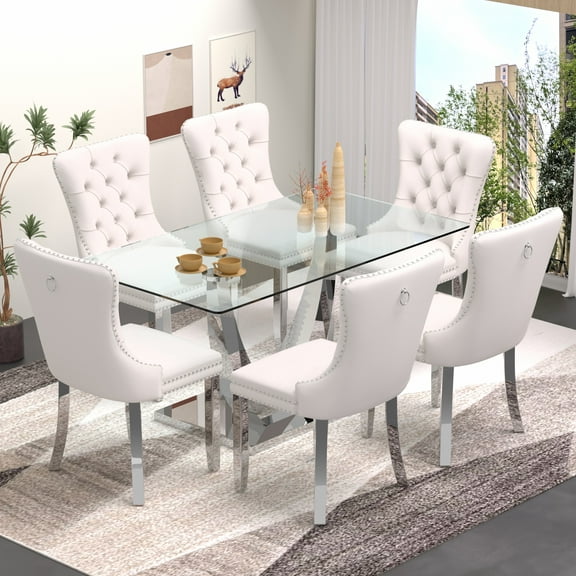 63" Glass Dining Table Set for 6,Silver Dining Room Table Set for 6,Modern Kitchen Table and High-end Tufted Solid Wood Contemporary Velvet Upholstered Dining Chair for 6,Beige with Silver Leg
