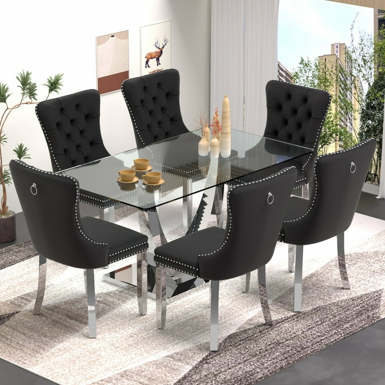 Sumdeal 63 inch Glass Dining Table Set for 6 Silver Dining Room Table Set for 6 Modern Kitchen Table and High end Tufted Solid Wood Contemporary Velvet