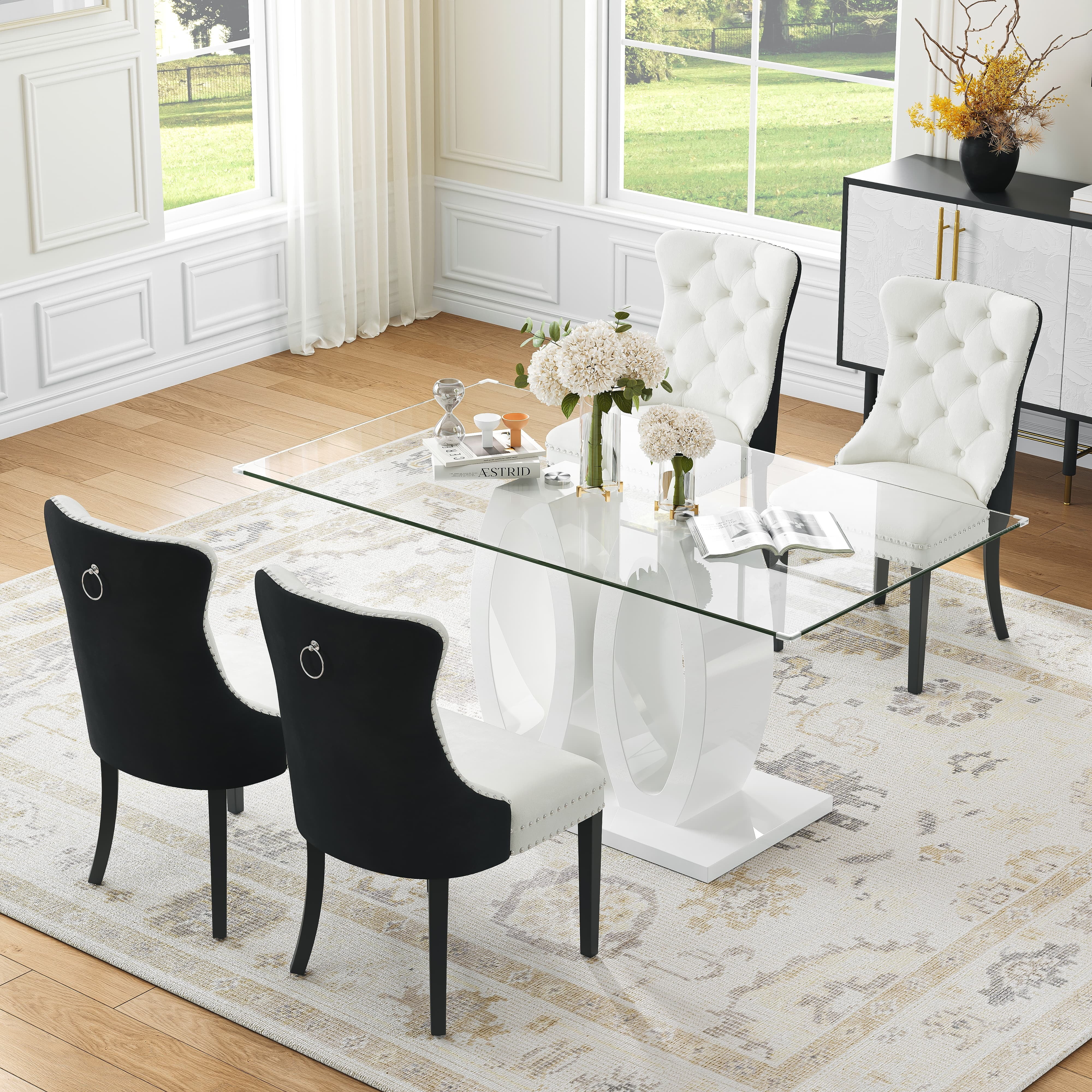 63" Glass Dining Table Set, Rectangular Tempered Glass Table with ...