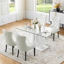 63" Glass Dining Table Set, Rectangular Tempered Glass Table with Double O-Shape Base, 4 Mid-Century Modern Velvet Upholstered Chairs with Solid Wood Legs, for Dining Room, Living Room, Apartment