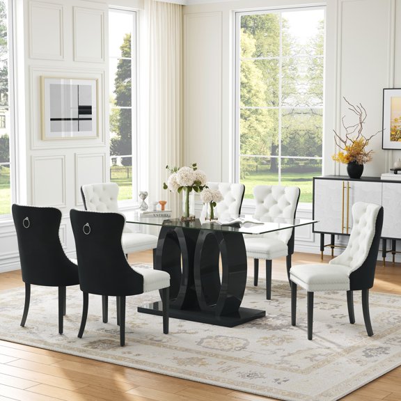 63" Glass Dining Table Set, Rectangular Tempered Glass Table with Double O-Shape Base, 6 Mid-Century Modern Velvet Upholstered Chairs with Solid Wood Legs, for Dining Room, Living Room, Apartment