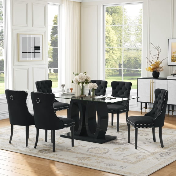63" Glass Dining Table Set, Rectangular Tempered Glass Table with Double O-Shape Base, 6 Mid-Century Modern Velvet Upholstered Chairs with Solid Wood Legs, for Dining Room, Living Room, Apartment