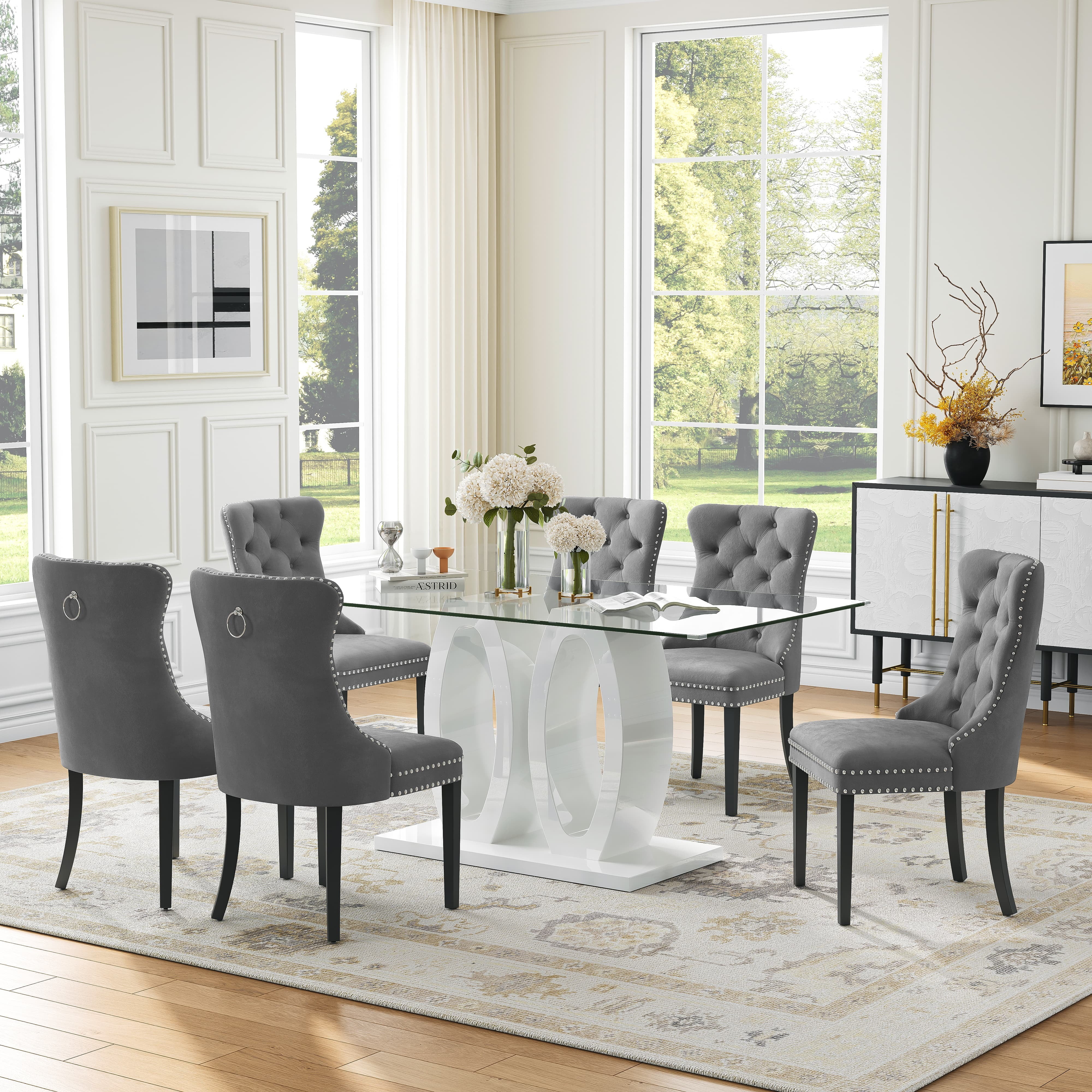 63" Glass Dining Table Set, Rectangular Tempered Glass Table with ...