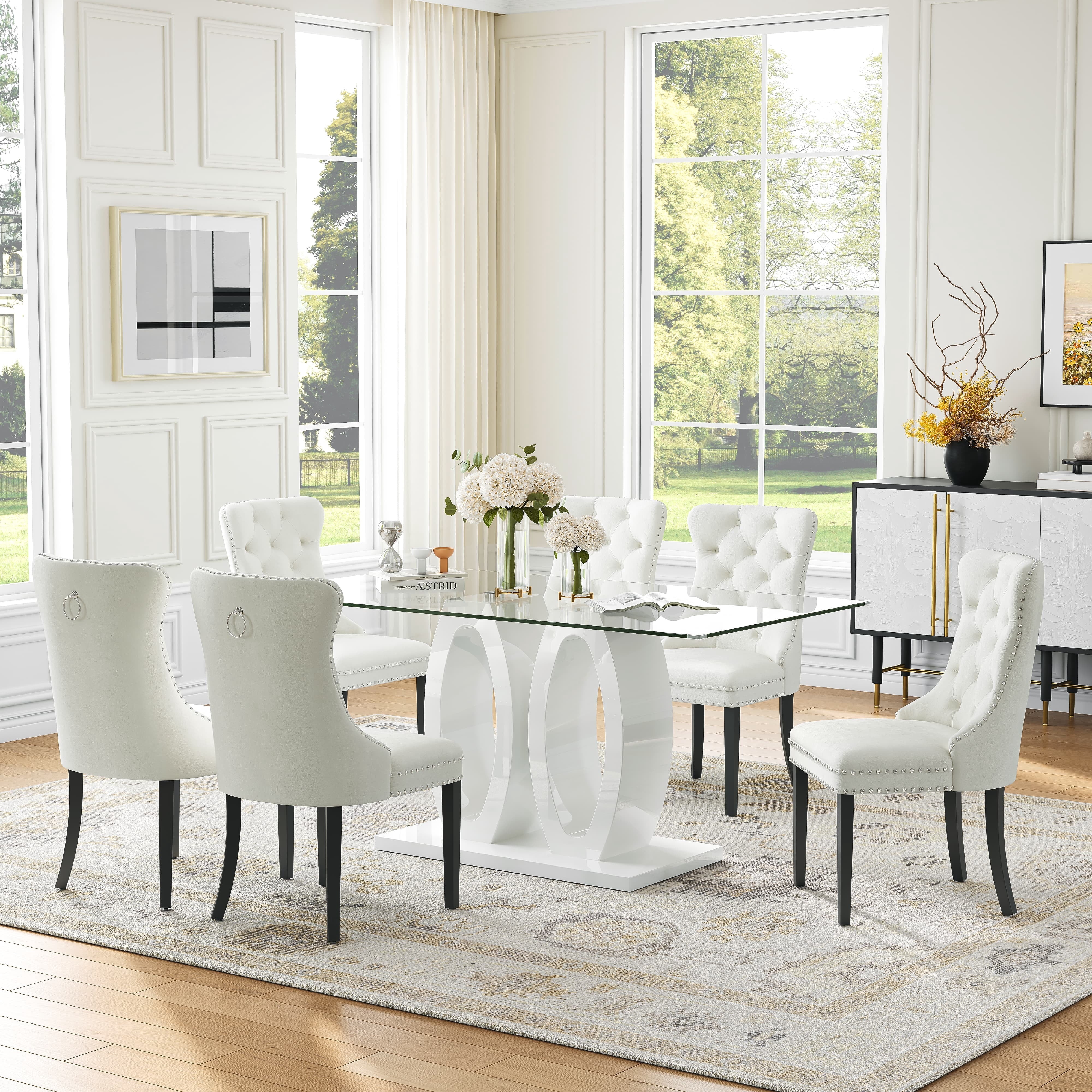 63" Glass Dining Table Set, Rectangular Tempered Glass Table with ...
