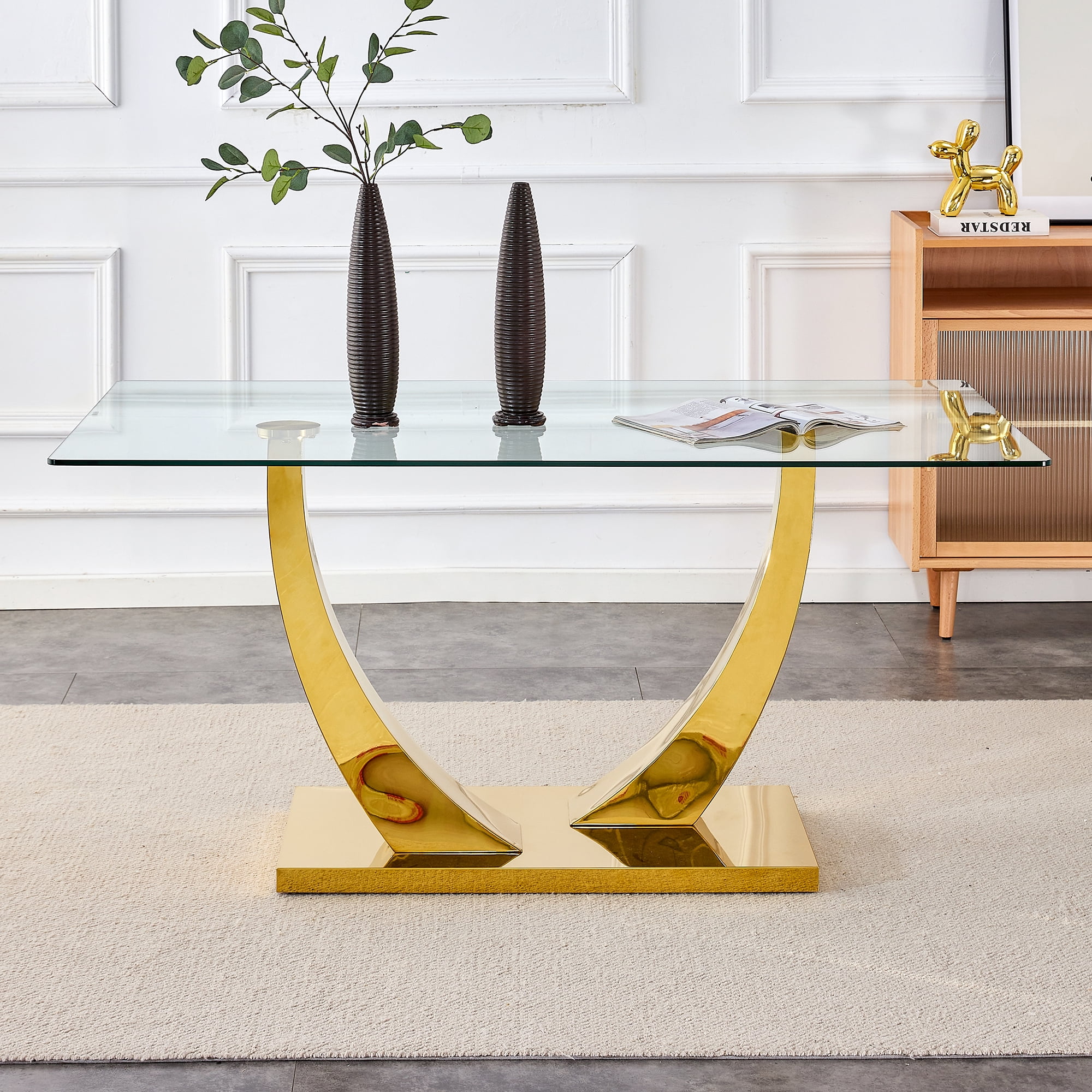 63 Glass Dining Table for 4 to 6 People Modern Minimalist Kitchen with Tempered Tabletop and Gold Metal Base Large Rectangle Room U shaped Base