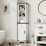 63"H Bathroom Storage Cabinet 6-Tier, Linen Cabinet with Door & Adjustable Shelves & Drawers, Narrow Tall Corner Cabinet (White)