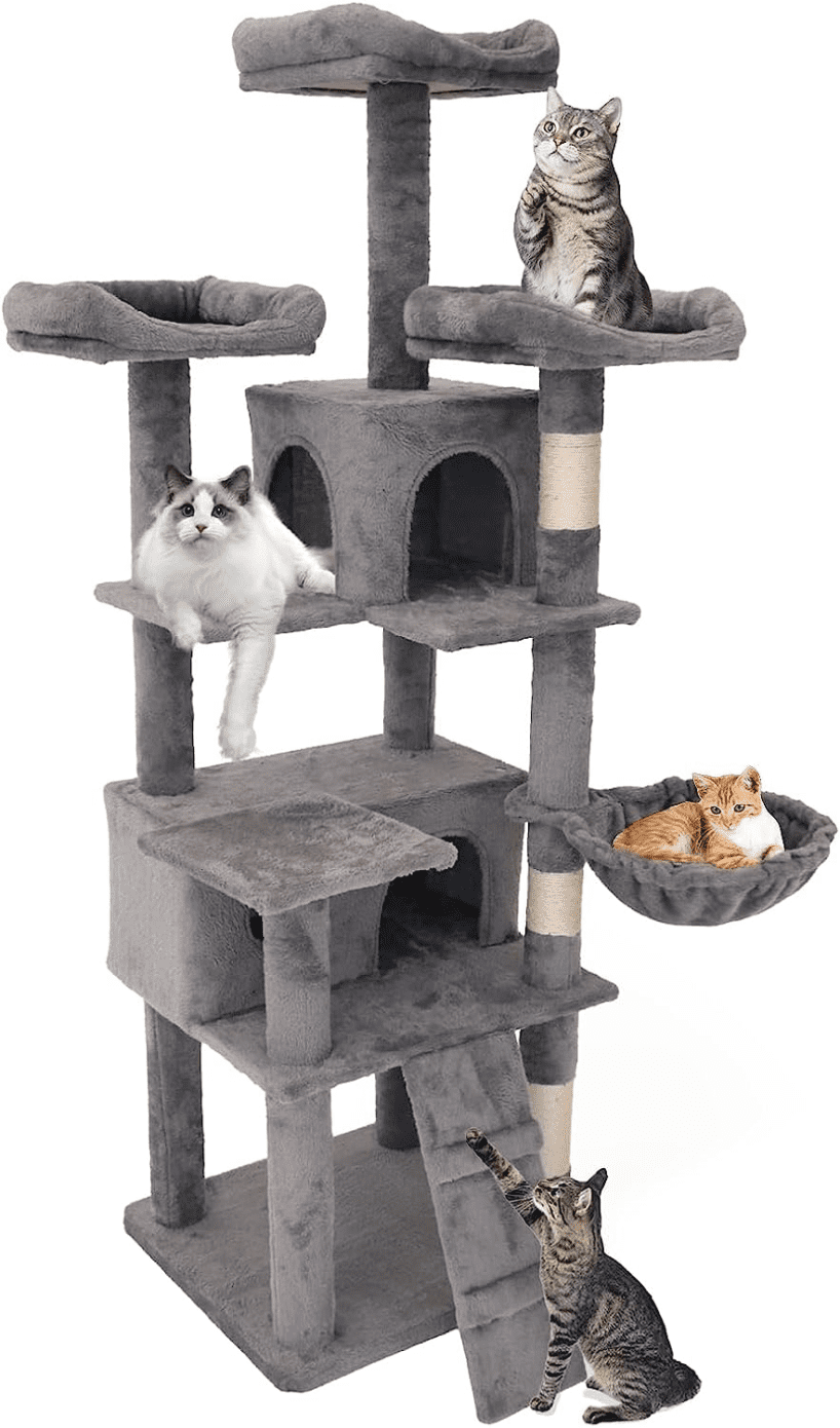 63 H Cat Tree Tower with Sisal Scratching Post and Hammock Perch Velvet Cat Condo with Sturdy Base Multi Level Cat House with Play Ball and 2