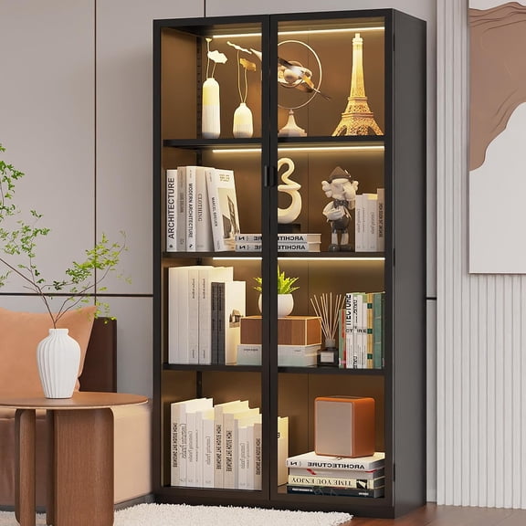 63" H Display Cabinet with Glass Doors,Tall Display Cabinet with LED Lights,Display Case for Collectibles,Glass Display Cabinets with 3 Adjustable Shelves for Living Room,Bedroom,Office