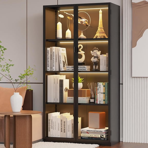 63" H Display Cabinet with Glass Doors, Tall Display Case with LED Lights, 3 Adjustable Shelves for Collectibles, Living Room, Bedroom, Office