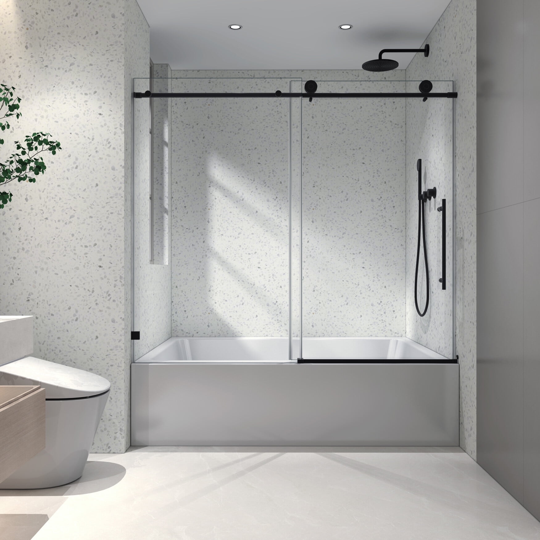 Matte Black Frameless Sliding Shower Door with Clear Tempered Glass