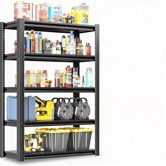 63" H Garage Shelving, Garage Shelving Heavy Duty, 3000Lbs 5 Tier Adjustable Storage Shelves for Warehouse, Basement, Workshop, Double-Layer Column with Reinforced Ribs, 16" D*16" W