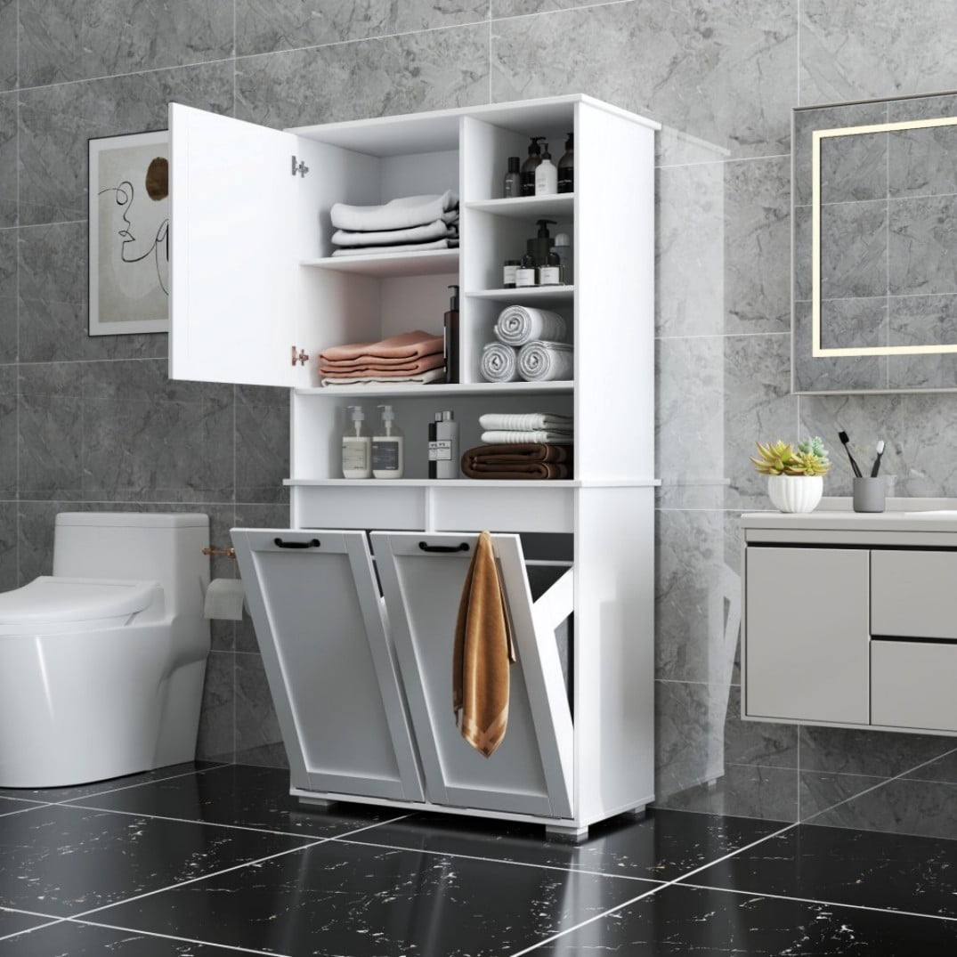 63"H Laundry Cabinet with 2 Tilt-Out Hampers, Doors, Adjustable Shelves and Open Storage, Freestanding Laundry Hamper Cabinet for Bathroom, White