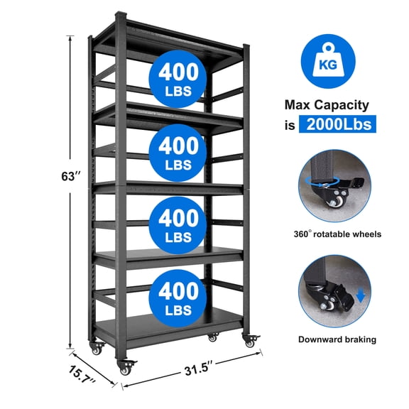 63"H Storage Shelves - Heavy Duty Metal Shelving Unit Adjustable 5-Tier Pantry Shelves with Wheels Load 2000LBS Kitchen Shelf Garage Storage