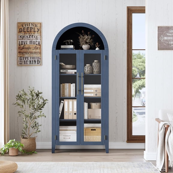 63"H Tall Arched Kitchen Pantry - 5-Tier Storage Cabinet with Adjustable Shelf and 2 Glass Doors, Versatile Organizer Cupboard for Kitchen, Dining Room, Living Room