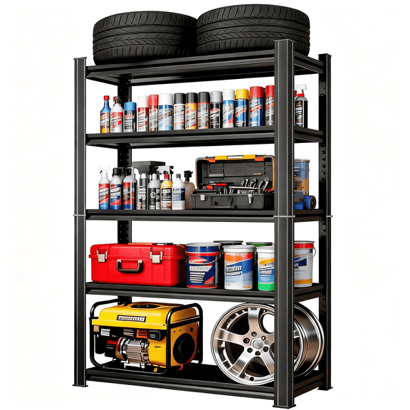 63"H x 40"W Metal Garage Shelving Unit, 5-Tier Heavy Duty Garage Storage Shelves, 3000 lbs Adjustable Industrial Shelving, Standing Shelf for Warehouse, Kitchen, Basement, Double-Layer Columns
