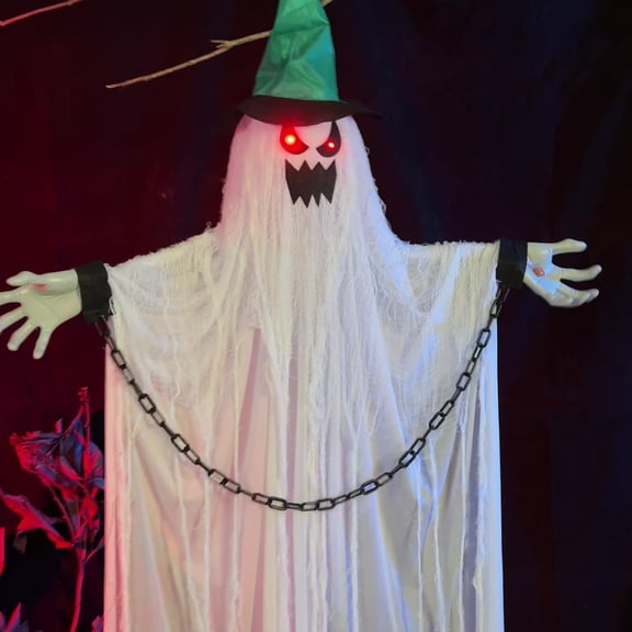 63" Halloween Animated White Ghost with Chains,Voice Activated Hanging Ghosts Props,Scary Ghost with Creepy Sounds & Glowing Eyes for Haunted House,Porch Lawn,Animatronics Hanging Decor