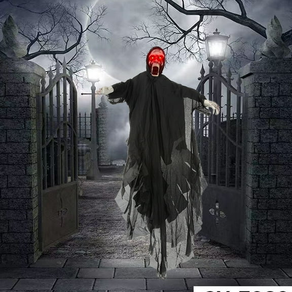 63" Halloween Ghost Props,Halloween Hanging Zombie with Glowing Red Eyes and Spooky Sound, Animated Ghost Lighted Up Scary Halloween Props for Indoor,Outdoor,Haunted House,Yard