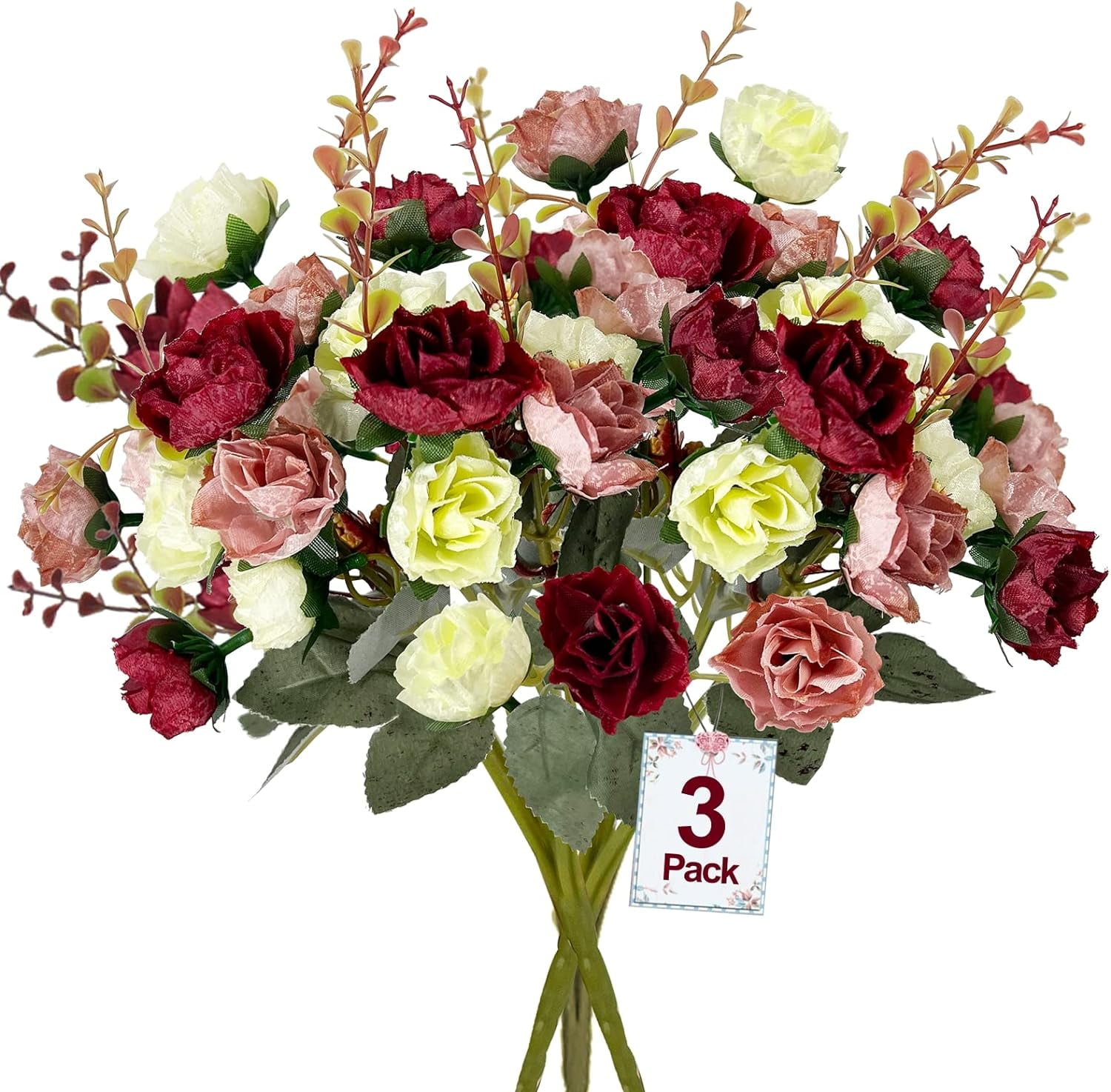 63 Heads Rose Artificial Flowers Bouquet 3 Bundles Fake Flowers for Cemetery Decorations Silk Flowers Fake Rose Home Decor Wedding Bouquet Faux Flower Summer Decor(Purple)