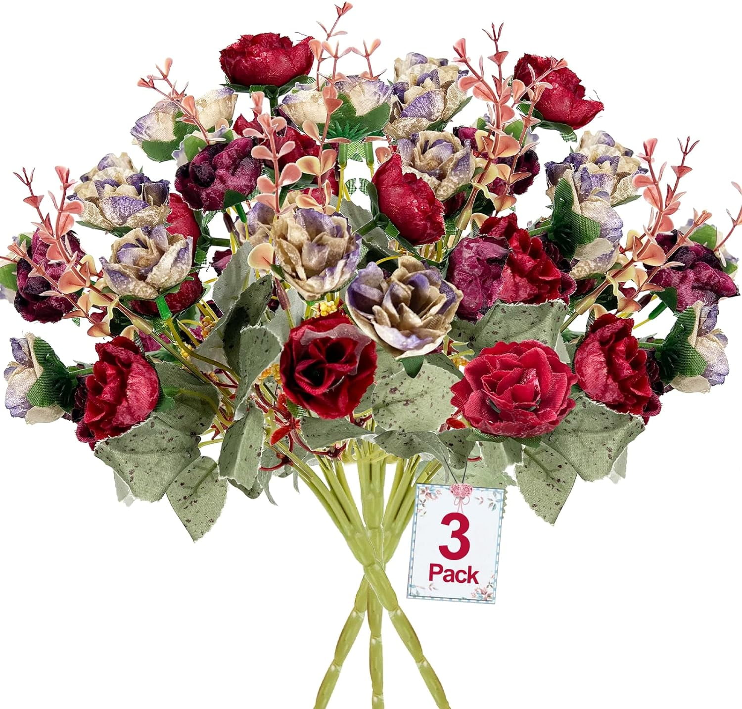 63 Heads Rose Artificial Flowers Bouquet 3 Bundles Fake Flowers for Cemetery Decorations Silk Flowers Fake Rose Home Decor Wedding Bouquet Faux Flower Summer Decor(Purple)