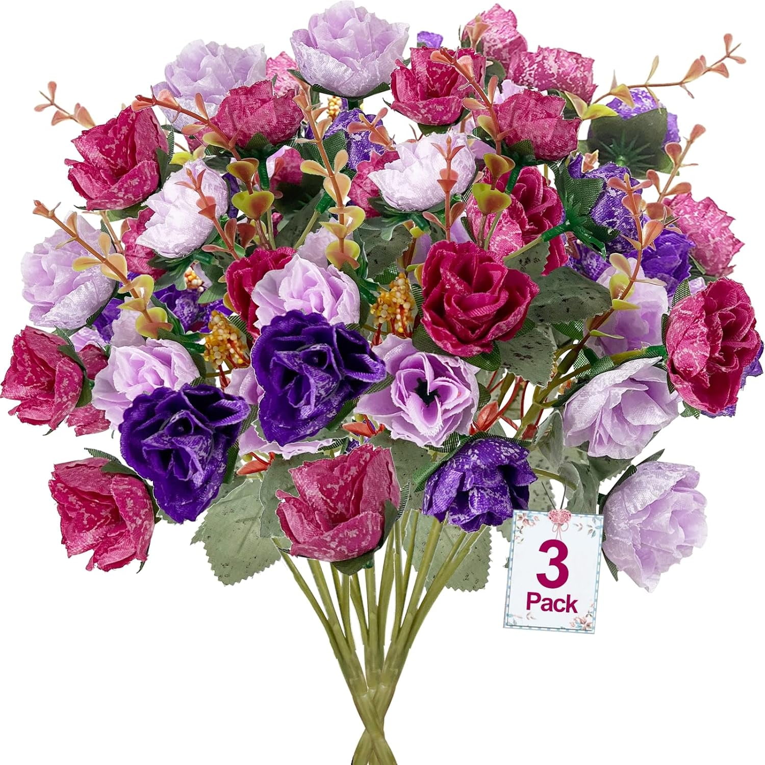 63 Heads Rose Artificial Flowers Bouquet 3 Bundles Fake Flowers for Cemetery Decorations Silk Flowers Fake Rose Home Decor Wedding Bouquet Faux Flower Summer Decor(Purple)