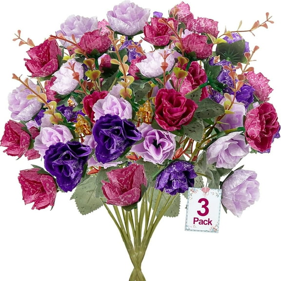 63 Heads Rose Artificial Flowers Bouquet Fake Flowers for Cemetery Decorations Silk Flowers Fake Rose Home Decor Wedding Bouquet Faux Flower Summer Decor(Purple)