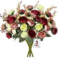 thumbnail image 1 of 63 Heads Roses Artificial Flowers Bouquet 3 Bundles Fake Flowers for Cemetery Decorations Silk Flowers Fake Roses Home Decor Wedding Bouquet Faux Cemetery Flowers Summer Decor(Red), 1 of 5