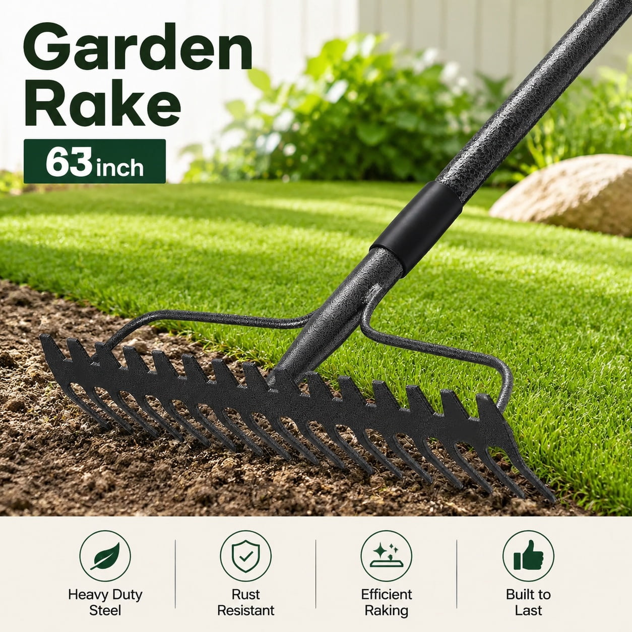 63'' Heavy Duty Bow Rake with 17 Tines Metal Head and Stainless Steel ...