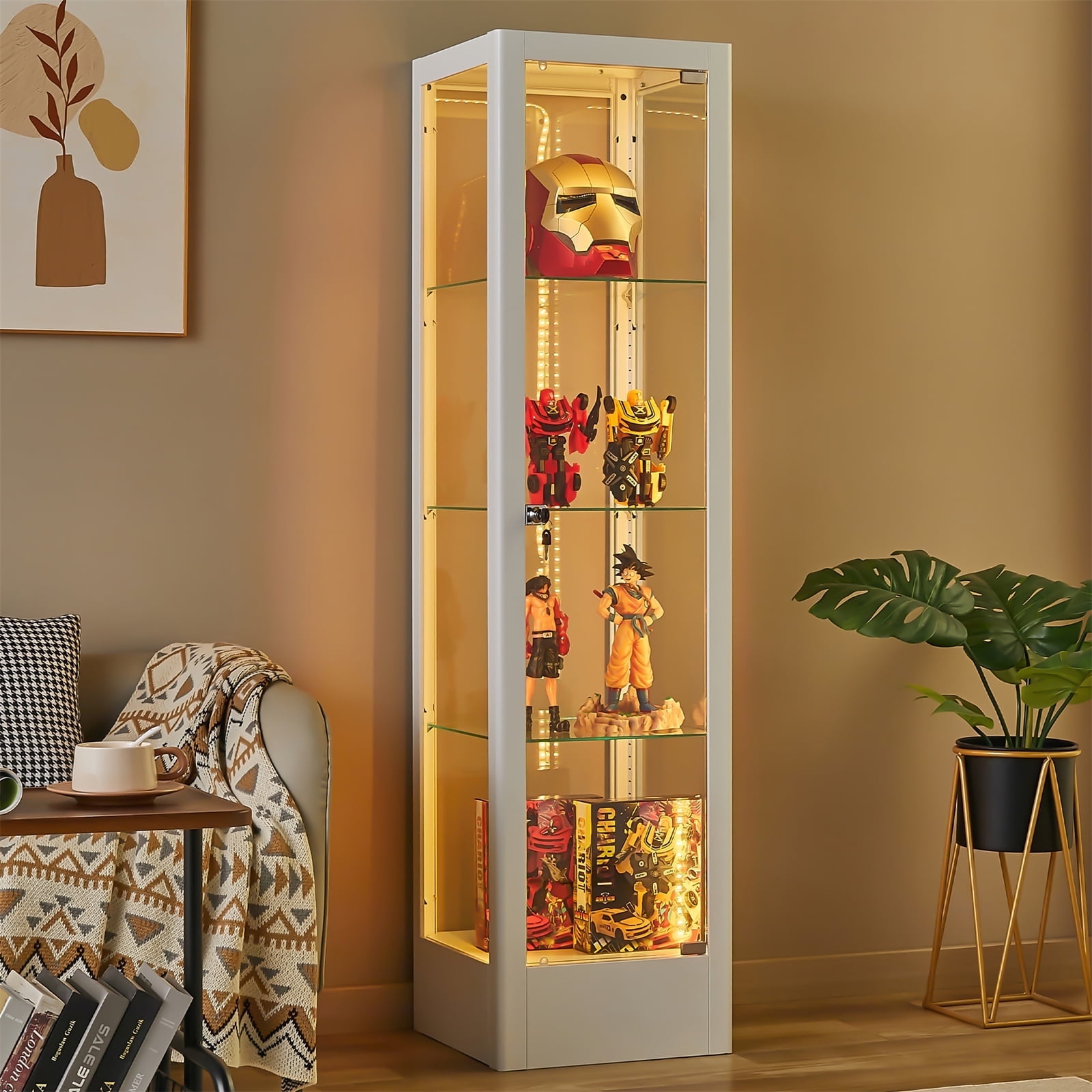 White Tall Lighted Tempered Glass Curio Cabinet with Adjustable Shelves