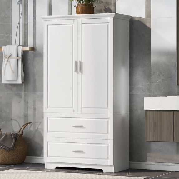 63'' High Bathroom Storage Cabinet, Freestanding Kitchen Pantry Cabinet with Two Doors and Adjustable Shelf, Modern Linen Cabinet with 2 Drawers
