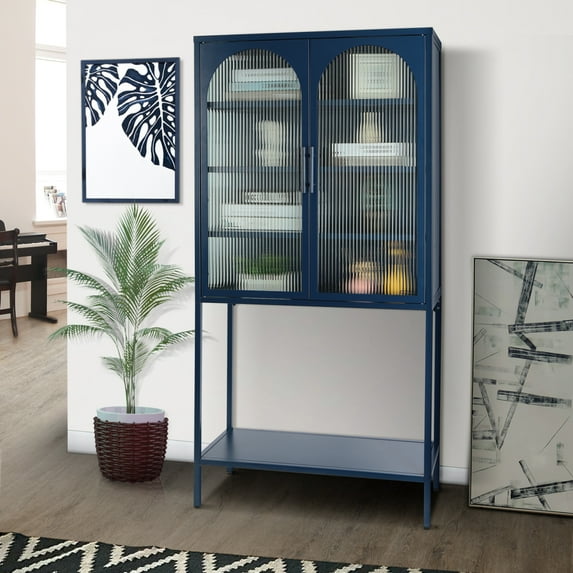 63" High Storage Cabinet, Elegant Floor Cabinet with 2 Glass Arched Doors and Adjustable Shelves, Enclosed Dust-Free Display Cabinet for Living Room, Bathroom, Dining Room, Blue