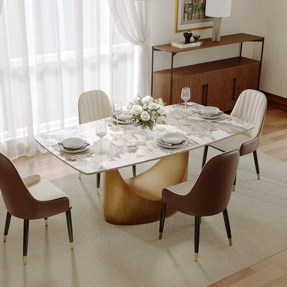 POVISON 63" Modern Dining Table for 4, Rectangular Pandora Sintered Stone Dining Table, Glossy Marble-Look Tabletop with Bronze U-Shape Carbon Steel Base
