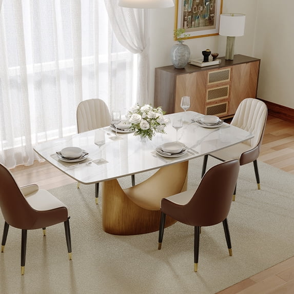 POVISON 63" Modern Dining Table for 4, Rectangular White Glossy Sintered Stone Dining Table with Bronze Carbon Steel Legs