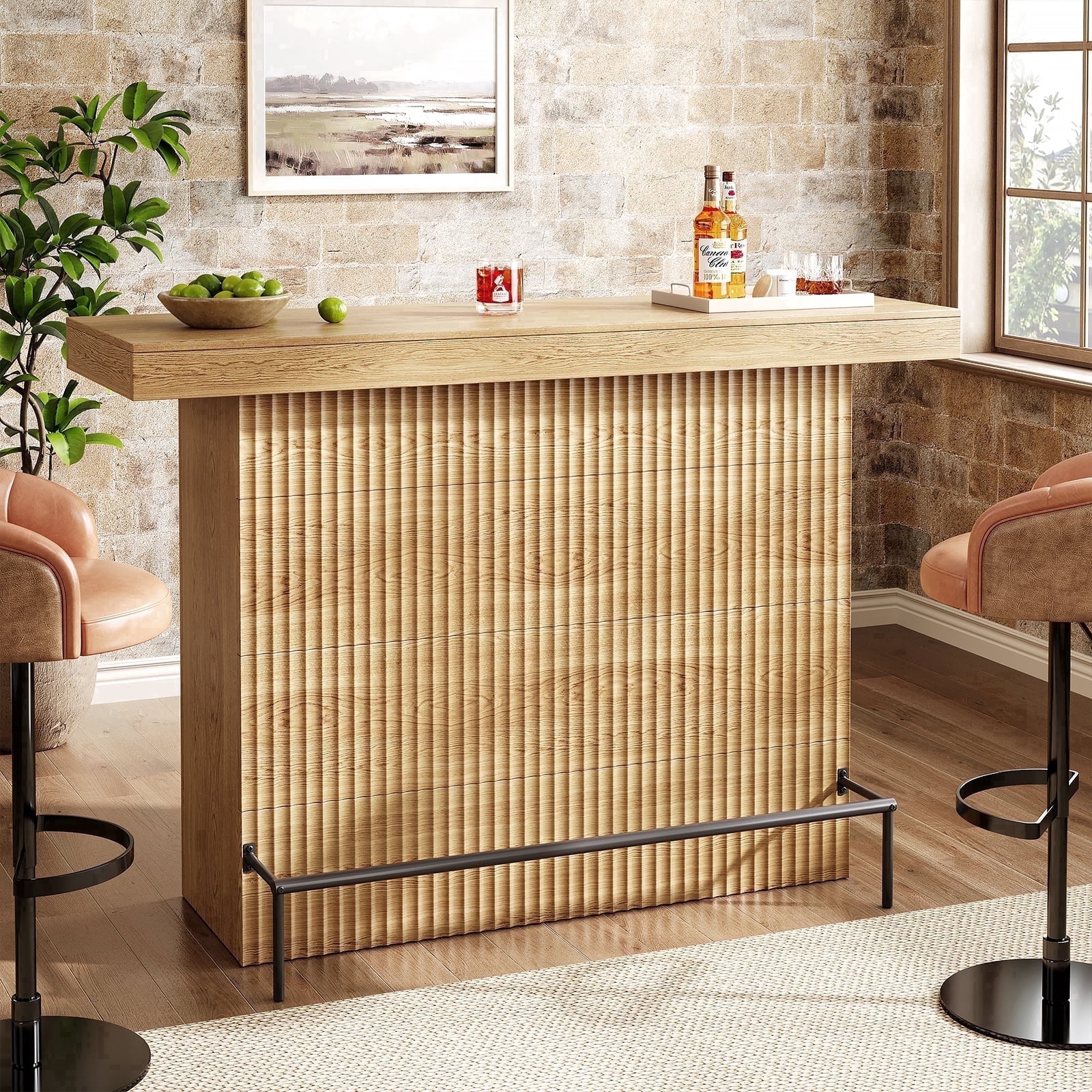 63" Modern Home Bar Table with 2-Tier Shelves – Fluted Mini Bar Cabinet ...