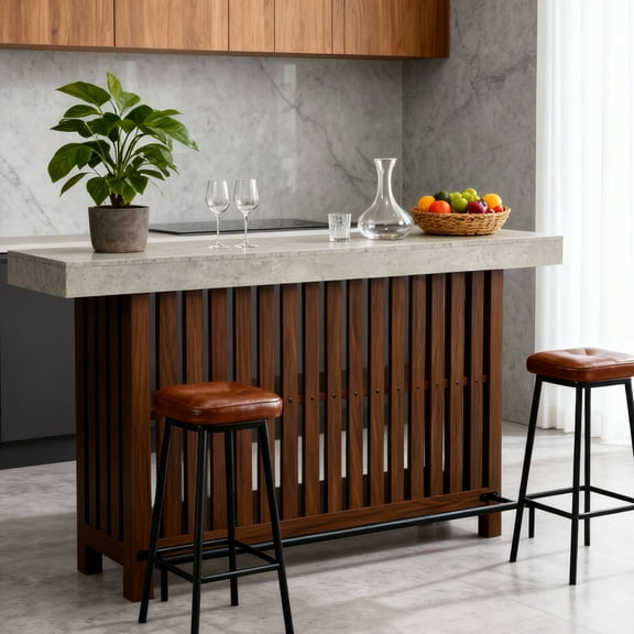 63" Home Bar Table with 2-Tier Storage, Mini Kitchen Island Pub Table with Footrest, Coffee Bar Counter for Dining Room, Living Room, Man Cave