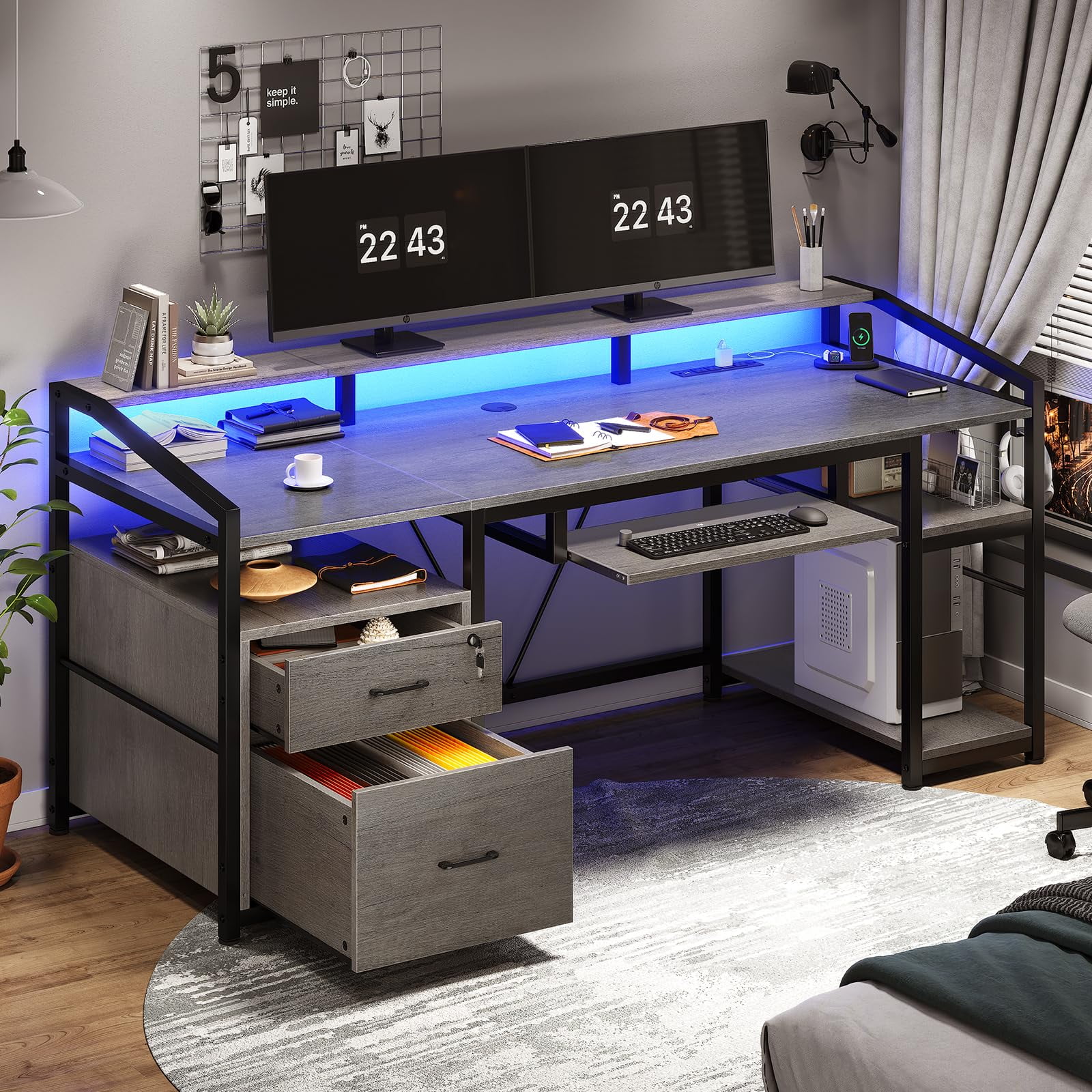 63" Home Office Desks with LED Light&Power Outlet, Gray Computer Gaming