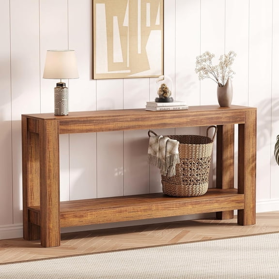 63-In Console Table with Reinforced Support 2-Tier Farmhouse Sofa Table for Behind Couch Rustic Brown