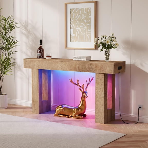 63 In Farmhouse Console Table with Charging Station and LED Light Narrow Entryway Table for Living Room Hallway